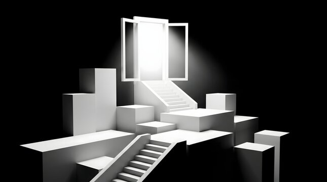 A high-contrast generative AI illustration of geometric white blocks and architectural stairs leading toward an open window with soft light, inspired by constructivist design.