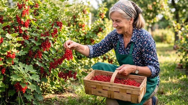 Woman Harvesting Fresh Red Currants in a Garden.