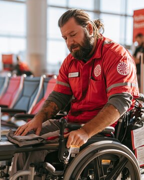 Male Airport Service Worker Adjusting Wheelchair in Terminal Mobility Assistance Area