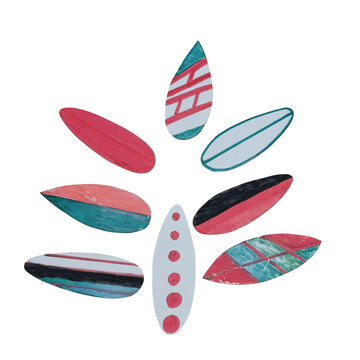 Hand-painted wooden surfboard shapes in various colors and patterns arranged in a flower-like composition isolated on a transparent background