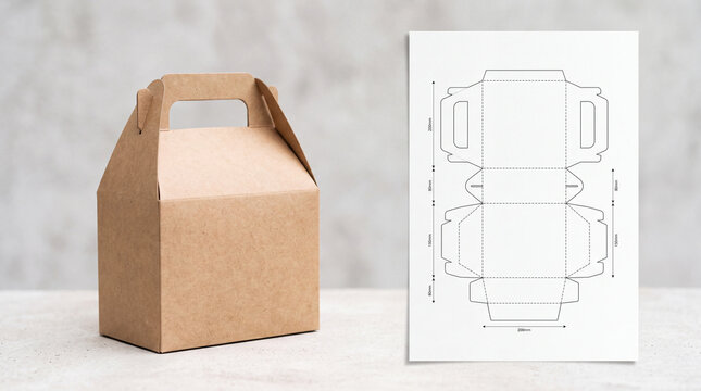 Brown cardboard package box with handle next to flat die cut layout plan