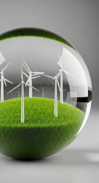 An ecological glass globe showcasing miniature wind power plants on vibrant green grass, representing future sustainability and pure energy, environment, meadow, electricity
