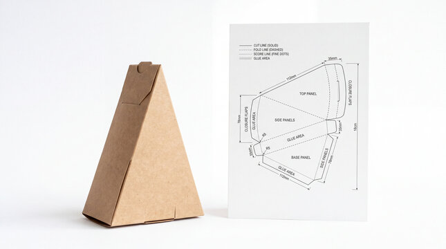 Cardboard packaging mockup next to blueprint diagram on white surface