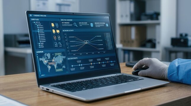 Digital Forensics Analyst Working On Complex Data Analysis Laptop Screen With Evidence Tracking