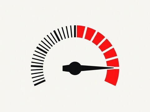 A graphic illustration of a speedometer or gauge with a needle pointing into the red zone, indicating high speed or critical level.