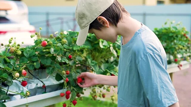 A young boy reaches up to pluck ripe berries from elevated vertical garden beds. This focused youth enjoys harvesting fresh fruit in a modern eco farm setting.