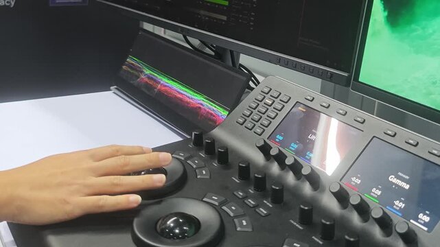 Color grading. Professional colorist operating video color grading control panel. with trackballs knobs and display controls for adjusting color gamma and visual tones in video post production.