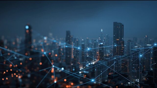 abstract cloud social media innovative cyber security network, using interconnected nodes to represent business partnerships on the Smart digital Innovation city with connection network reciprocity