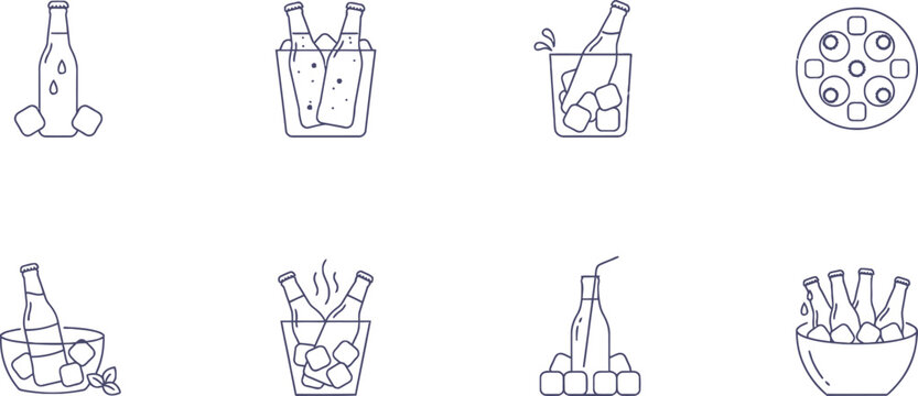Minimalist beer bottle line icons, set of 8 cold beverage vector illustrations, chilled drink bottles in ice buckets for bar menus