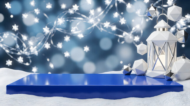 Empty blue podium for product display with white lantern and blurry winter lights in background