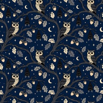 Halloween Spooky Owls and Bats Night Seamless Pattern Vector Illustration Background