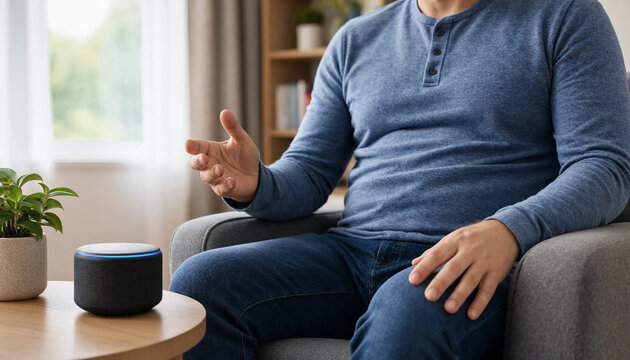 Man sitting in living room talking to a smart voice assistant speaker on wooden coffee table with smart home connected home smart device armchair communicating technology lifestyle