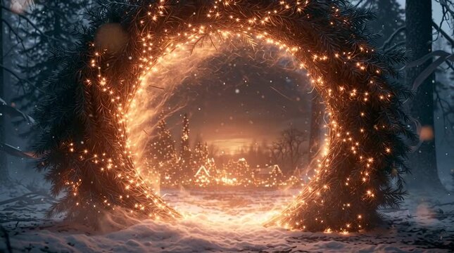A giant circular portal made of glowing Christmas lights and evergreen branches stands in a snowy forest, revealing a warm Christmas village beneath a radiant golden sunset.