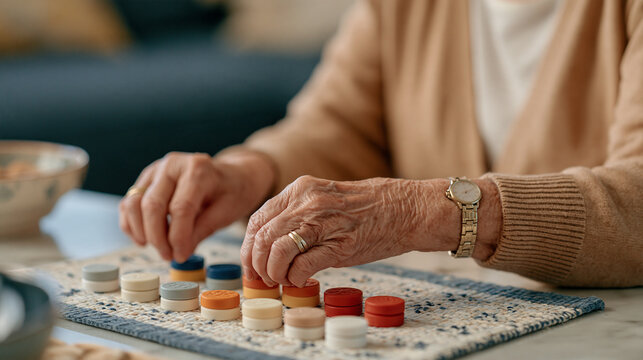 An elderly Scottish woman with papery soft skin methodically exercising finger flexion using a graduated resistance squeeze set on a home therapy mat, arthritis pain relief, hand