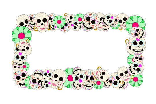 Rectangular frame decorated with catrinas and multicolored flowers in the Day of the Dead style. Mexican celebration