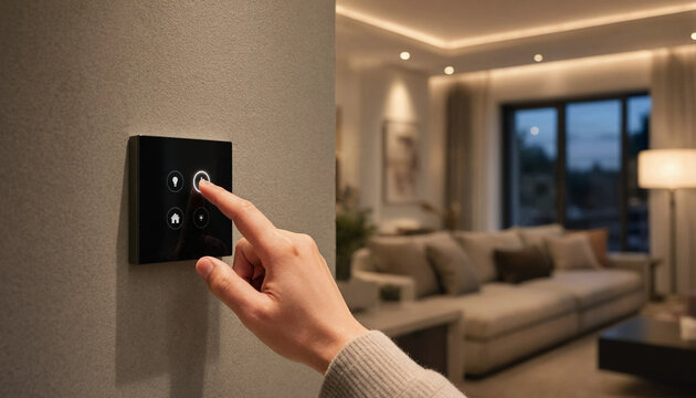 Person pressing a touch control panel switch on a gray wall in a modern living room interior with smart home automation electronic device finger touching automation system smart house