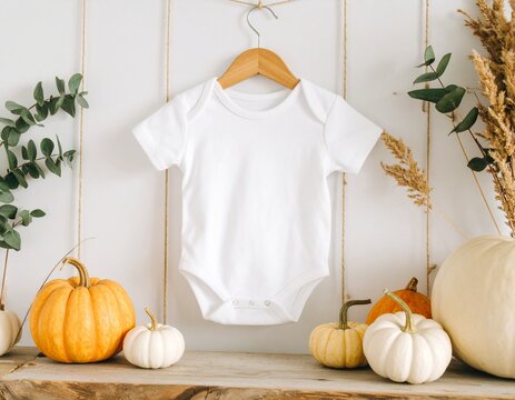 White baby bodysuit romper Mock up with Autumn fall Pumpkin Halloween background