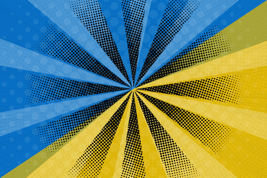 Blue and Yellow Comic Background with Halftone Burst, Blue Yellow Pop Art Radial Background.