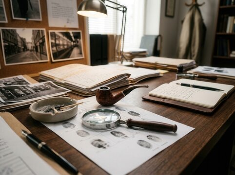 Detective Investigation Desk With Fingerprints And Pipe