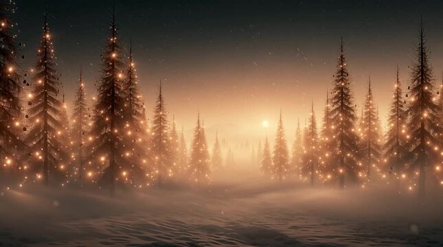 A magical winter forest where thousands of individually decorated glowing Christmas trees stretch toward the horizon, surrounded by falling snow, golden light, fog and moonlight.