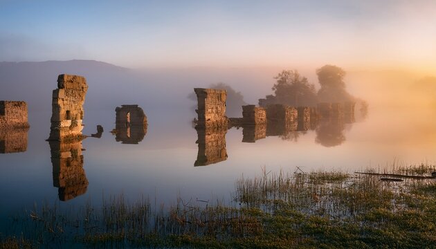 ancient ruins submerged in water at dawn shrouded in mist and fog with reflections on the calm surface