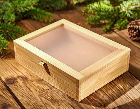 Blank Handcrafted Pine Wood Gift Box Mockup with Frosted Lid on Rustic Table with Pine Branches