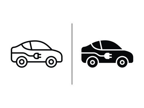 Electric car vector icon with charging plug detail, clean outline and filled design for EV mobility, automotive, transport and green energy