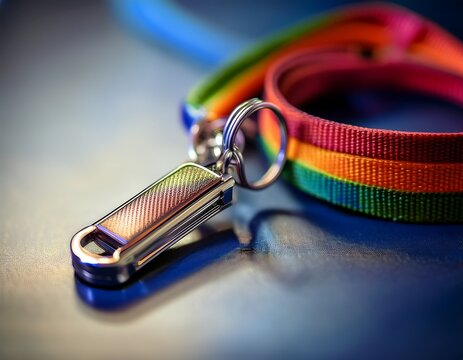 a close up shot focuses on a colorful lanyard with a small metallic cylindrical key fob attached