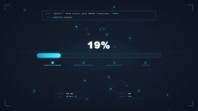 Futuristic data loading animation with database query progress bar zero to one hundred percent on dark blue grid background interface