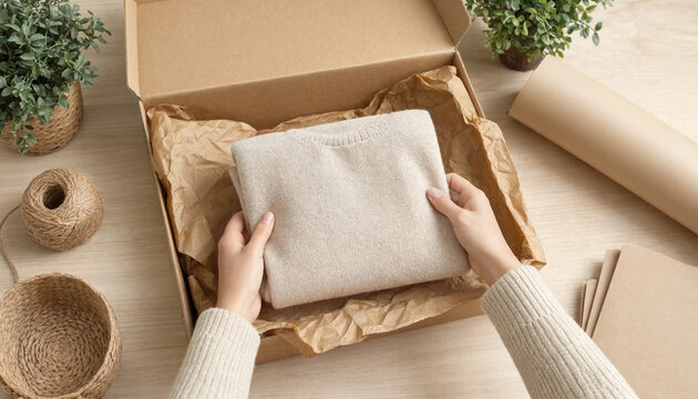 Person packing folded woolen sweater inside craft paper parcel box on wooden table with shipping box knitted sweater cardboard box packing clothes parcel delivery ecommerce order flat lay