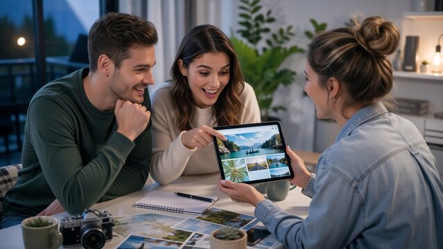 Three friends smile and review vacation photos on a tablet at a home table, with printed pictures, a notebook, and a camera suggesting travel planning and shared memories.