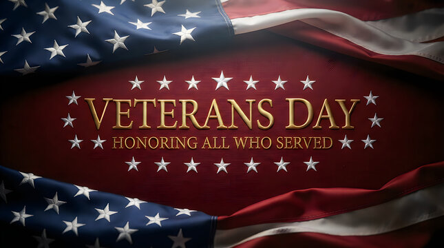 Veterans day banner with golden text and american flag background honoring all who served