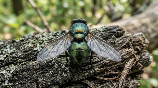 Detailed Macro View Of A Metallic Green Fly Resting On A Textured Wooden Surface