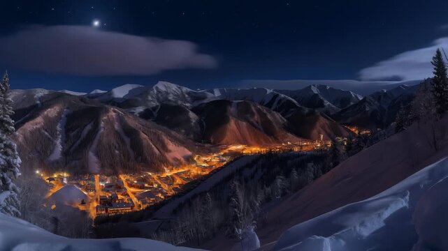 This stunning vista captures a mountain town nestled among snow-covered peaks, glowing warmly under a starlit night sky. The tranquil landscape is a haven for winter activities and serene beauty.