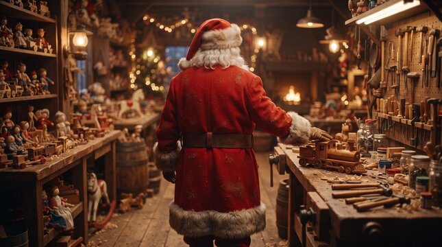 Santa performing a final inspection of handcrafted toys inside his workshop before Christmas Eve, emphasizing craftsmanship and preparation.