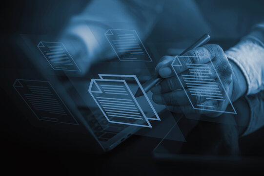 Paperless Office and Cloud Data Storage Concept with Businessman Holding Pen.