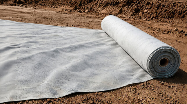 Geotextile for road construction and drainage systems on compacted soil: a wide sheet of durable, non-woven synthetic filter material unrolls from a tightly wound cylindrical roll.