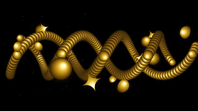 Abstract golden dna helix with shimmering stars and spheres on a black background, representing science and genetics