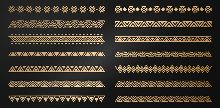 Ethnic Gold Tribal Seamless Borders Vector Set Geometric Native Pattern Dividers Aztec African Hand Drawn Line Art Accent Collection