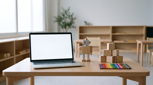 Children's desk with laptop, toy robot, building blocks and pencils in classroom