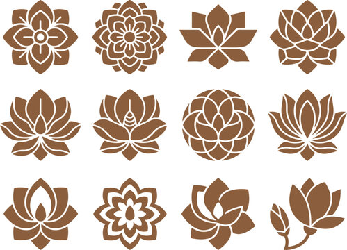 Brown lotus flower mandala icons for meditation and yoga