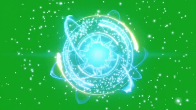 Mystical Glowing Magic Energy Circle Rotating with Sparkling Particles on Green Screen Background, Fantasy VFX Animation