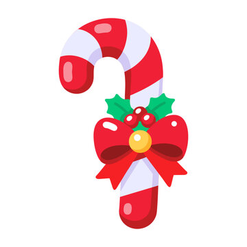 Flat candy cane icon in bright festive colors, featuring rounded shapes, clean details, soft highlights, and an isolated seasonal design on white.