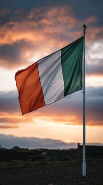ireland irish flag waving at sunset