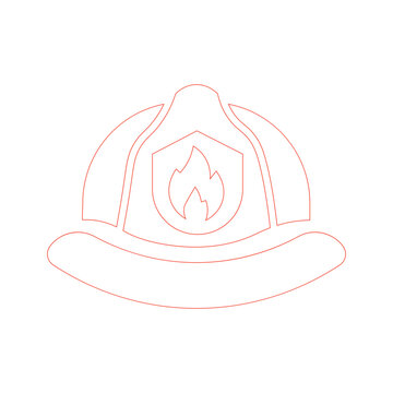 Firefighter helmet line vector icon featuring red outline safety hard hat with flame shield badge for emergency rescue and fire protection.