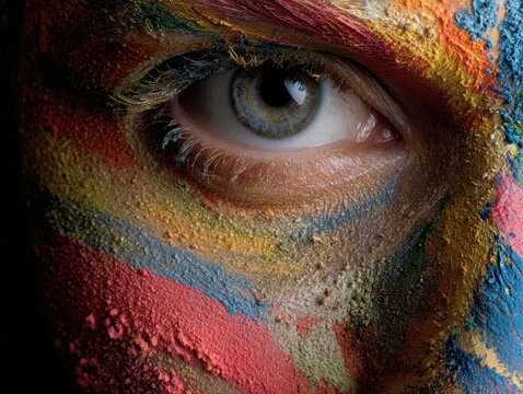 An intense close-up focuses on an eye, vividly adorned with multicolored powder, highlighting the artistry and vibrant beauty of pigment makeup