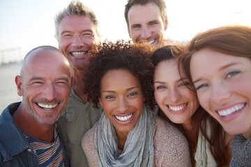 Obraz premium A happy group of friends are together in this close-up of smiling faces, a portrait of togetherness and joy, emphasizing genuine moments and connection