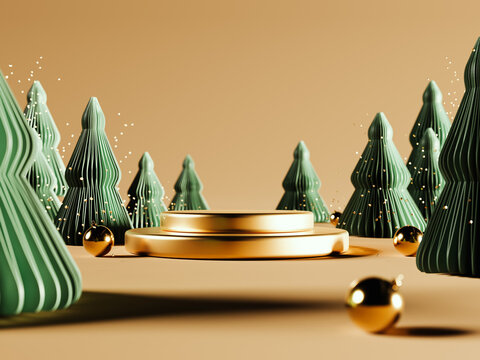 Christmas empty podium. Golden podium surrounded by small Christmas paper trees decoration on beige background with copy space. 3D Rendering, 3D Illustration