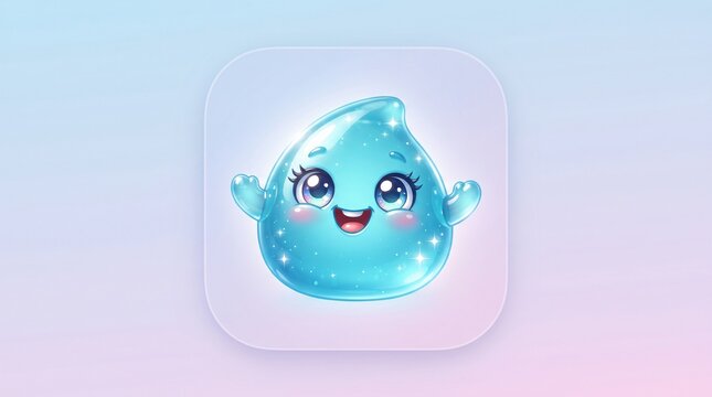 Kawaii water drop character icon, cute blue liquid mascot with smiling face, glossy raindrop app button for mobile interface