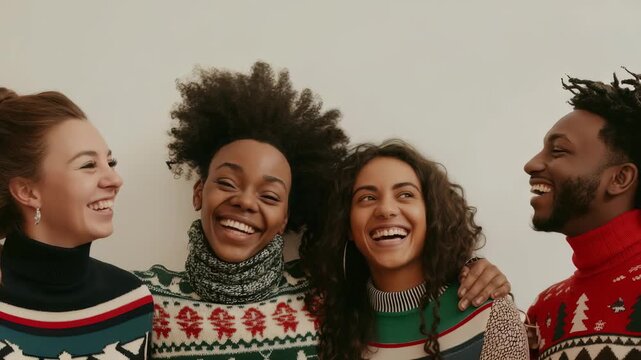 A group of four friends of diverse backgrounds joyfully laugh together while wearing holiday-themed knit sweaters, against a plain backdrop, radiating warmth and friendship.